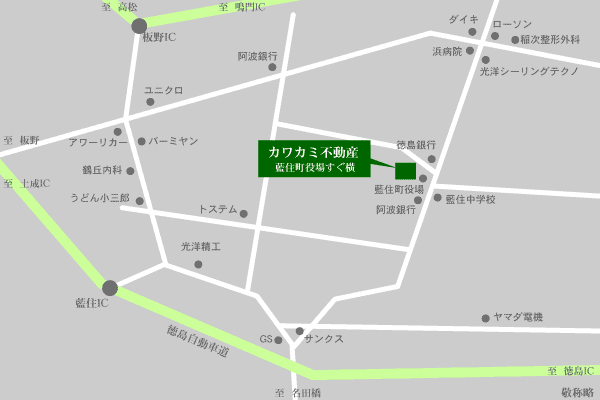 藍住町役場近くの不動産会社カワカミ不動産のアクセスマップ 徳島県板野郡藍住町周辺地図